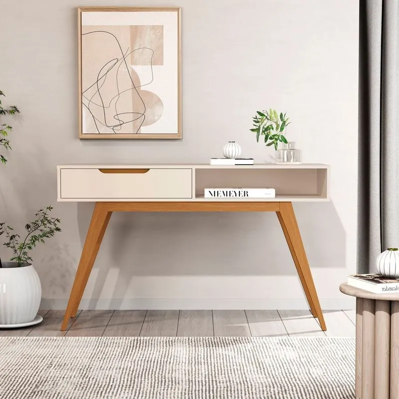 Aparador Puxador Usinado E Pés Em Madeira Maciça 100% Mdf 136cm Linha 2025 Bege Offwhite