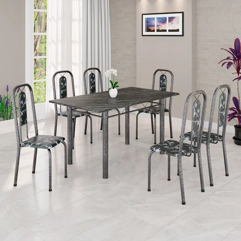 Conjunto De Mesa Tubular 140cm X 75cm Tampo Ardósia Indiano Com 6 Cadeiras Lívia Prata/preto Preto/prata