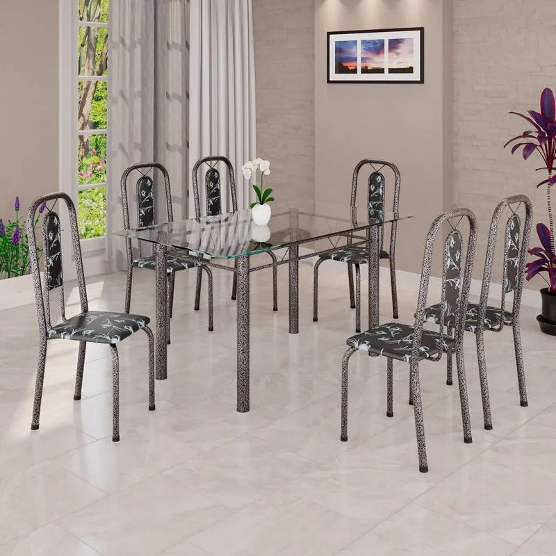 Conjunto De Mesa Tubular 140cm X 75cm Tampo Vidro Incolor Com 6 Cadeiras Lívia Prata/preto Preto/ Prata