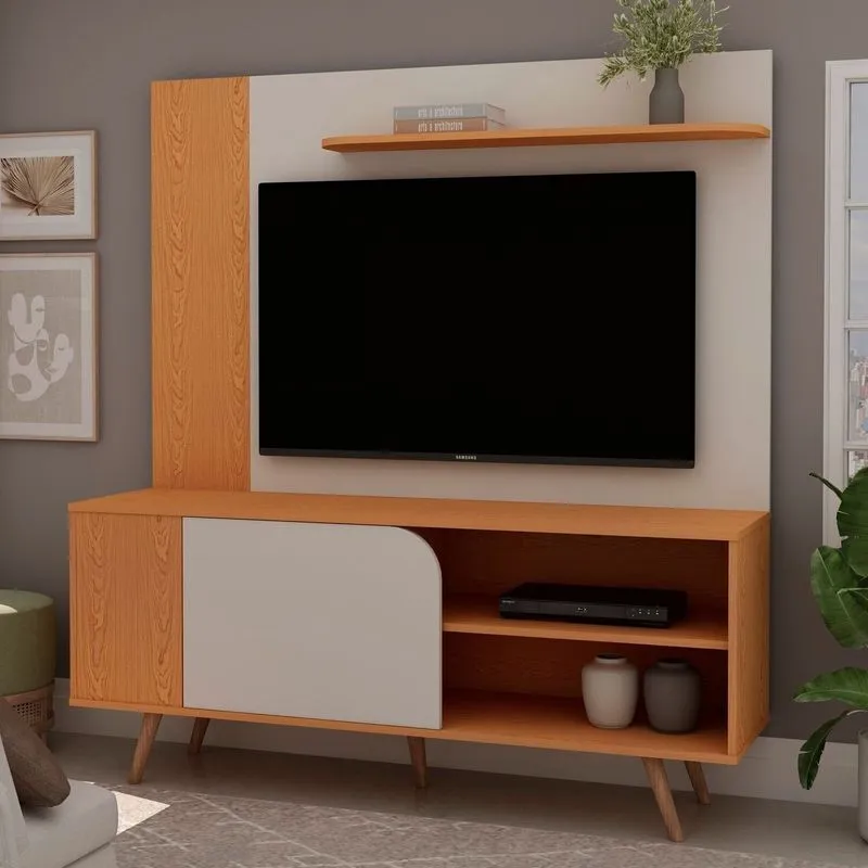Rack Com Painel Para Tv Até 65 Polegadas 140cmx147,5cm Porta De Correr Bege Cinamomo /off White