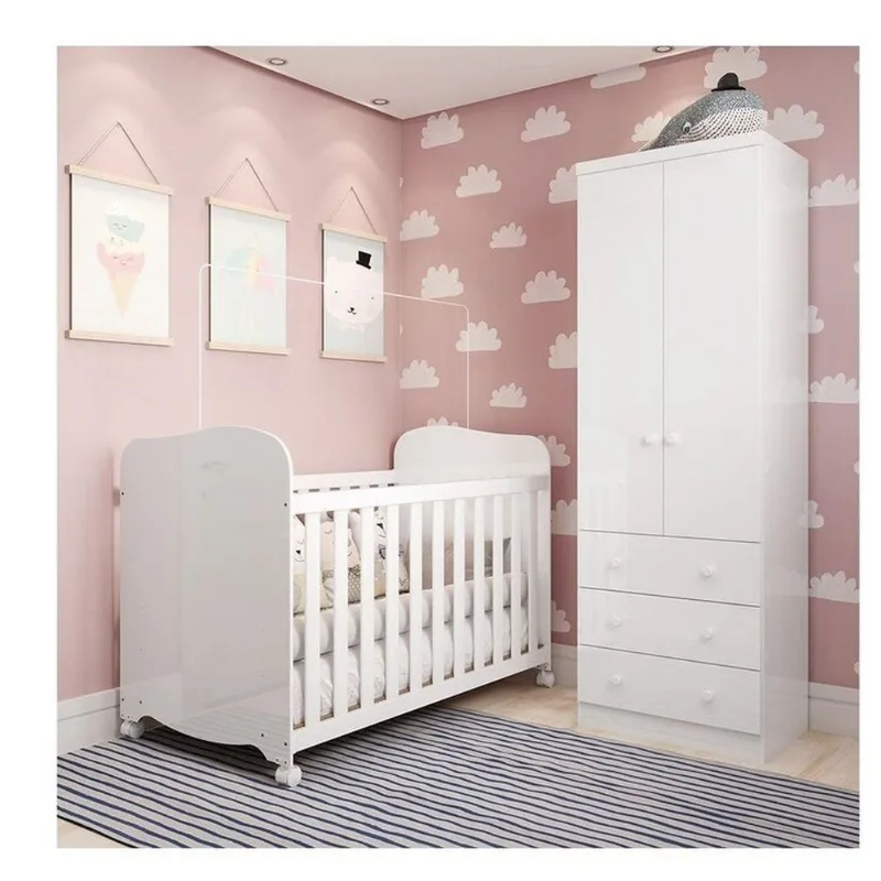 Quarto de Bebê Guarda-Roupa 2 Portas e Berço Teka 100% MDF Espresso Móveis Branco Brilho Branco Brilho