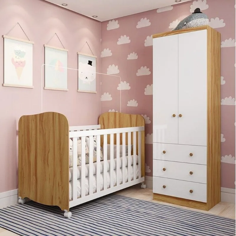 Quarto de Bebê Guarda-Roupa 2 Portas e Berço Teka 100% MDF Espresso Móveis Branco Brilho/Amêndoa Branco Brilho/Amêndoa