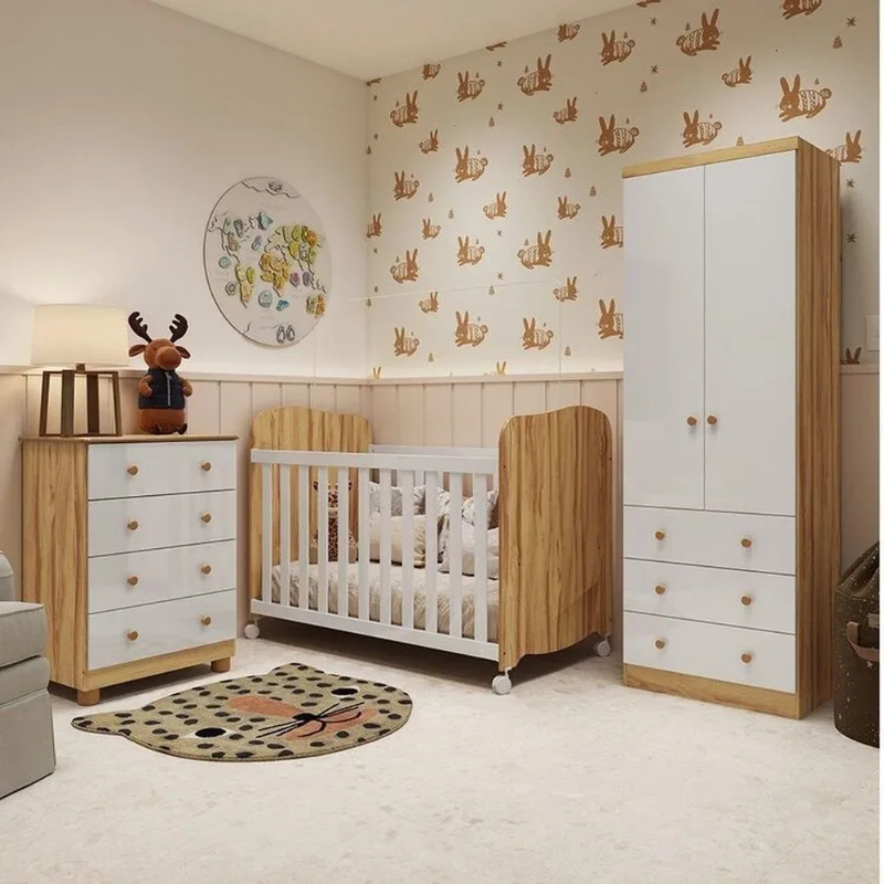 Quarto de Bebê Guarda-Roupa Cômoda e Berço Cambalhota 100% MDF Espresso Móveis Branco Brilho/Amêndoa Branco Brilho/Amêndoa