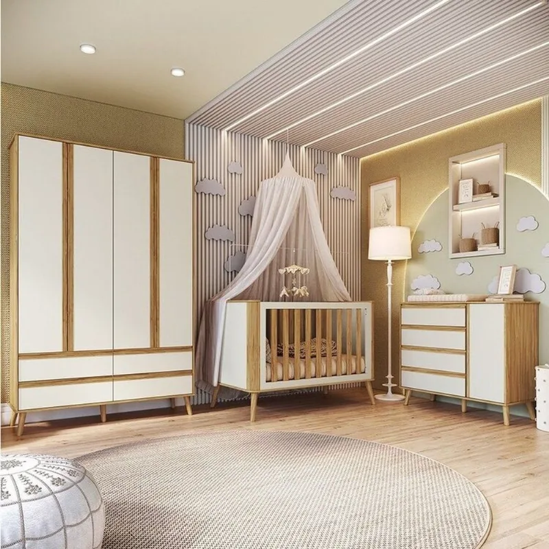 Quarto de Bebê Berço Arredondado 3 em 1 Guarda-Roupa 4 Portas e Cômoda 100% MDF Luly Espresso Mó Off White/Amêndoa