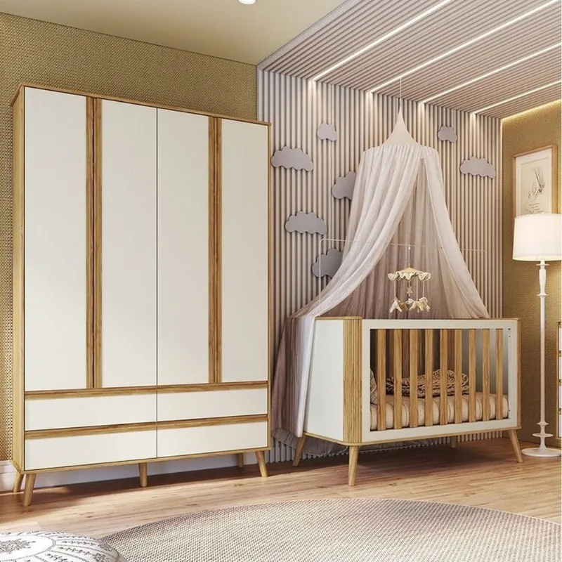 Quarto de Bebê Berço Arredondado 3 em 1 e Guarda-Roupa 4 Portas 100% MDF Luly Espresso Móveis Beg Off White/Amêndoa