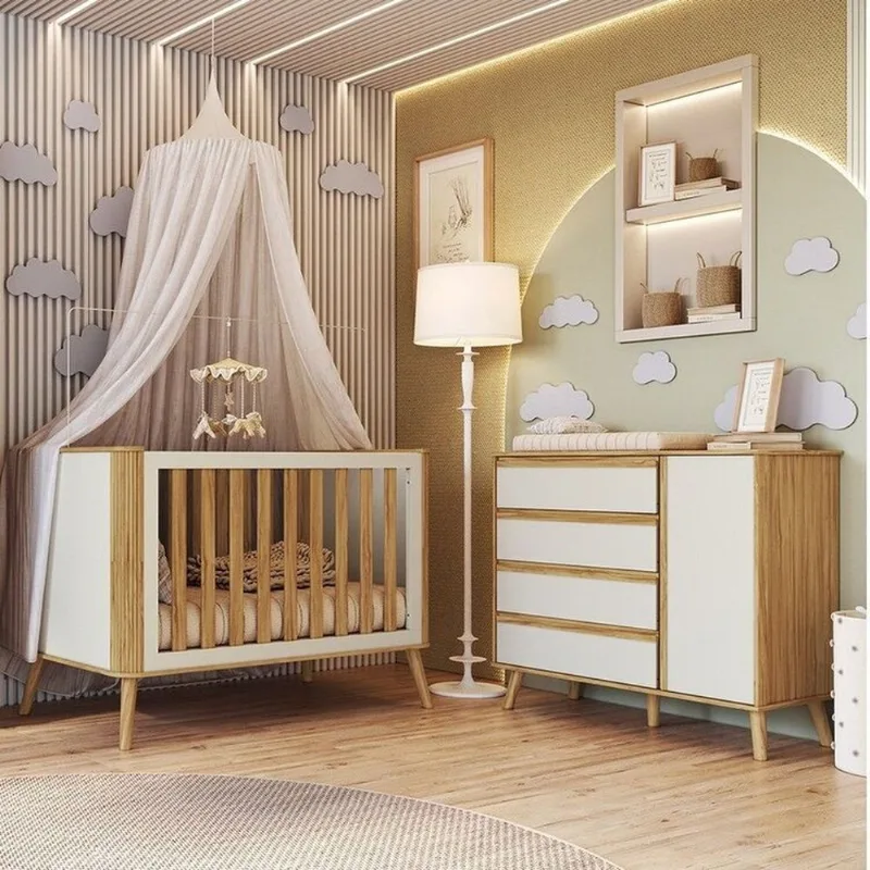Quarto de Bebê Berço Arredondado 3 em 1 e Cômoda 1 Porta 100% MDF Luly Espresso Móveis Bege/Off Off White/Amêndoa