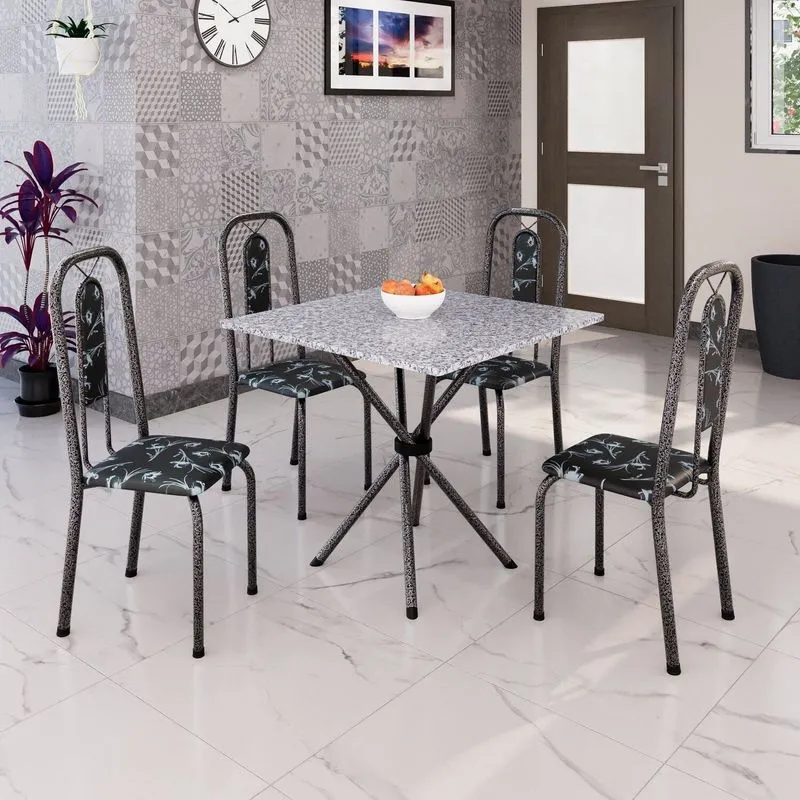 Conjunto De Mesa Tubular 70cm X 70cm Tampo Granito Ocre Com 4 Cadeiras Lívia Prata/preto Preto / Prata