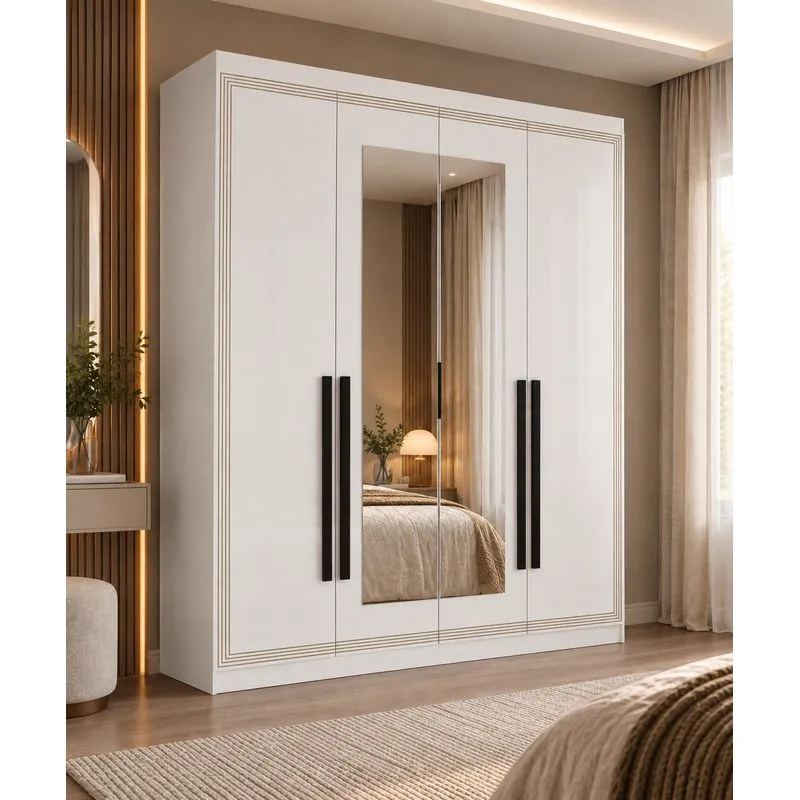 Guarda Roupa 4 Portas E 4 Gavetas Com Espelho Valência Branco Branco