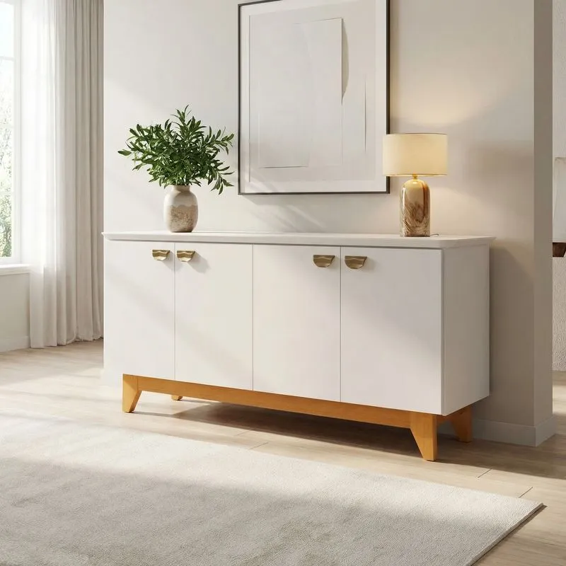 Buffet Para Sala De Jantar 4 Portas Com Pés De Madeira Maciça Suécia Off White/nevaska/cerejeira Nevaska/cerejeira