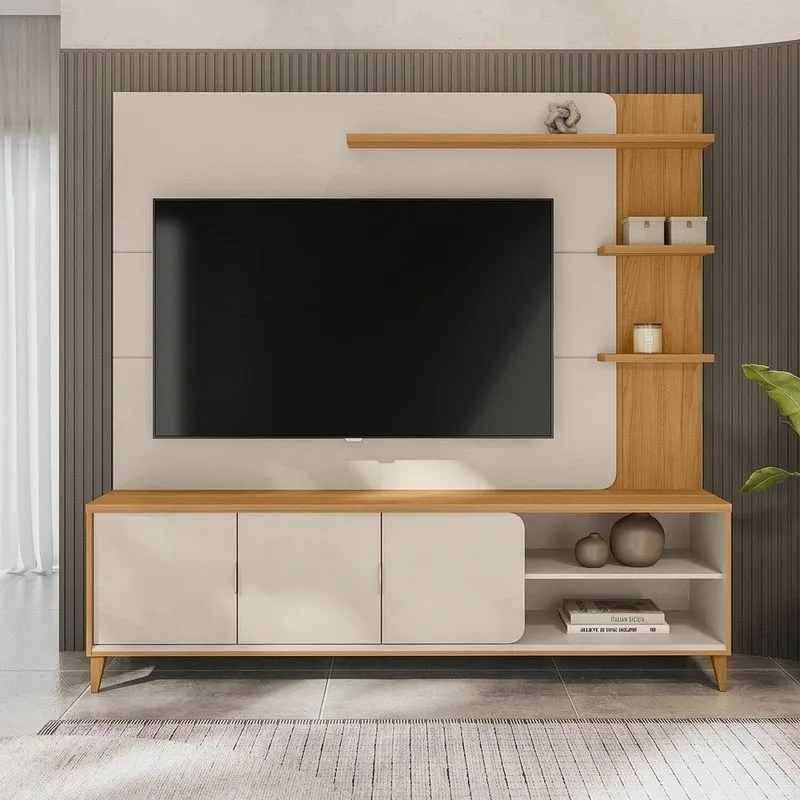 Estante Para Tv E Home Theater Até 70 Polegadas Mdf 200cmx193cm Pés Em Madeira Maciça Napoli Branco Tauari/off White Fosco