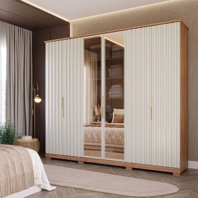Guarda-roupa Casal 6 Portas Com Pés E Vidro Reflecta 242,5cm 100% Mdf Vittoria Espresso Móveis Bege/cinamomo/off White Cinamomo/off White
