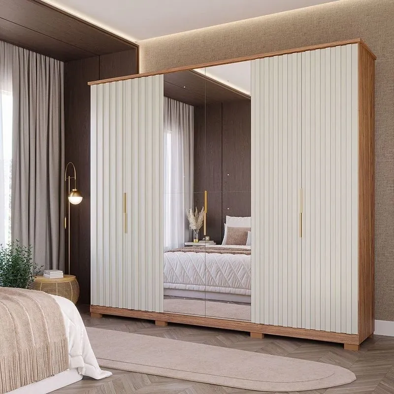 Guarda-roupa Casal 6 Portas Com Pés E Espelho 242,5cm 100% Mdf Vittoria Espresso Móveis Bege/cinamomo/off White Cinamomo/off White