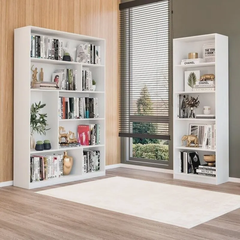 Kit com 1 Estante Multiuso 5 Nichos Montreal e 1 Estante para Livros 4 Prateleiras Seattle