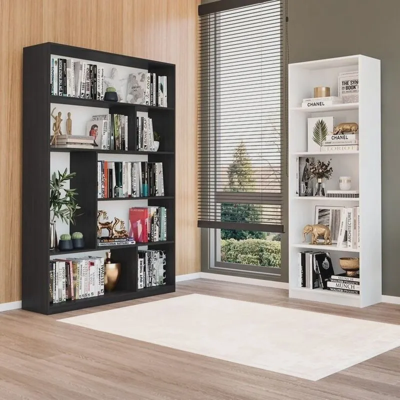 Kit com 1 Estante Multiuso 5 Nichos Montreal e 1 Estante para Livros 4 Prateleiras Seattle