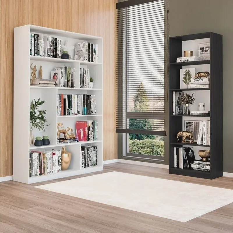 Kit com 1 Estante Multiuso 5 Nichos Montreal e 1 Estante para Livros 4 Prateleiras Seattle