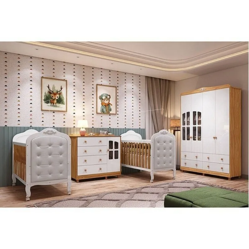 Quarto de Bebê Gêmeos 2 Berços Capitonê Guarda-Roupa e Cômoda Maya Clássico 100% MDF Espresso Branco Brilho/Amêndoa/Branco