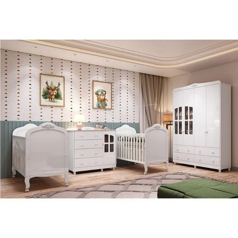 Quarto de Bebê Gêmeos 2 Berços Guarda-Roupa e Cômoda Janelada 100% MDF Maya Clássico Espresso M Branco Brilho/Branco