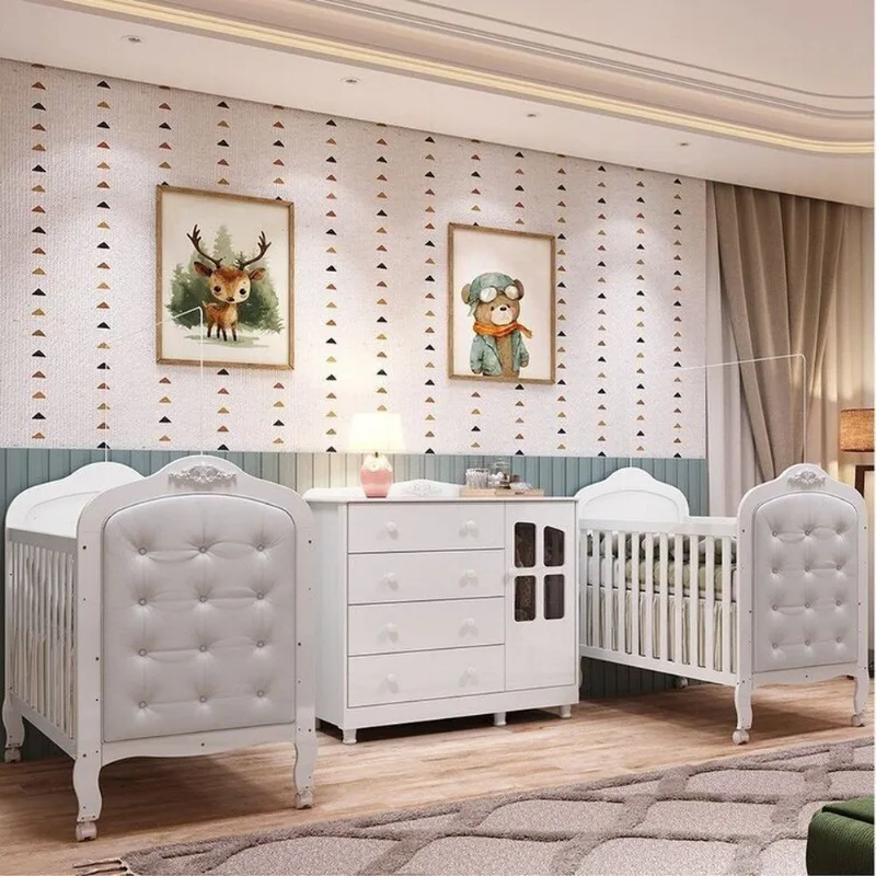 Quarto de Bebê Gêmeos 2 Berços com Capitonê e Cômoda Janelada 100% MDF Maya Clássico Espresso Branco Brilho/Branco