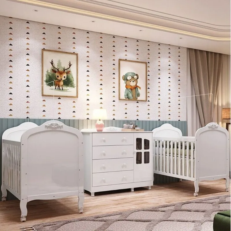 Quarto de Bebê Gêmeos 2 Berços e Cômoda Janelada 100% MDF Maya Clássico Espresso Móveis Branco Branco Brilho/Branco