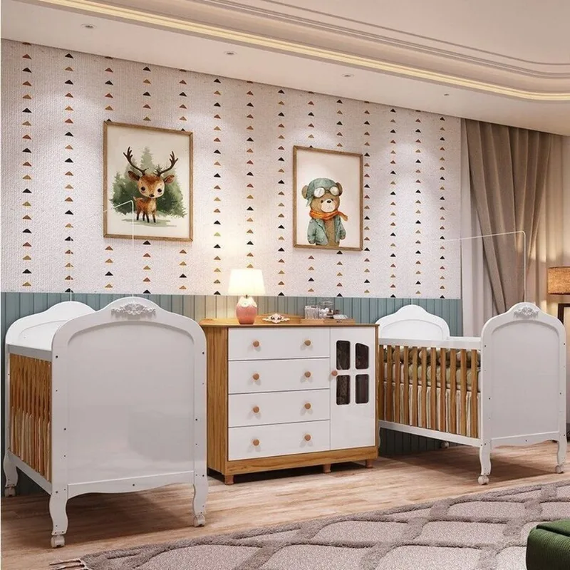 Quarto de Bebê Gêmeos 2 Berços e Cômoda Janelada 100% MDF Maya Clássico Espresso Móveis Branco Branco Brilho/Amêndoa/Branco