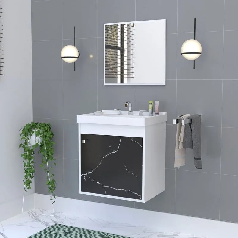 Kit Gabinete Banheiro Em Mdf Com Espelheira Veneto Branco/preto Preto