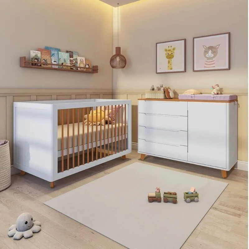 Conjunto Berço e Cômoda em Tampo Madeira Maciça Baby Tubbi Casatema Branco/Caram Branco/Caramelo