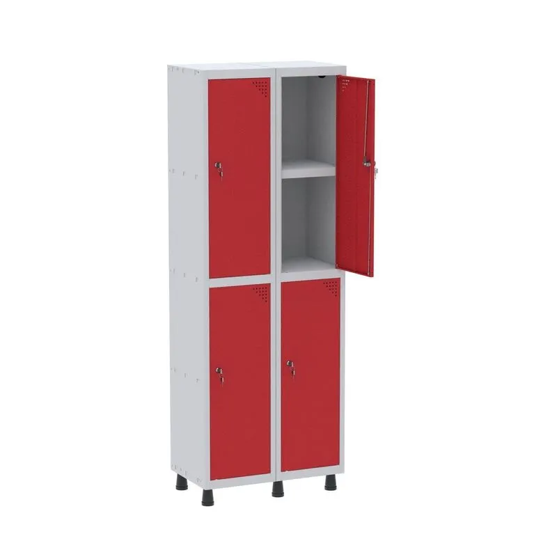 Armário Locker 2 Colunas, 4 Portas Com Prateleira Central Com 2 Chaves Vermelho E Cinza Cinza/vermelho
