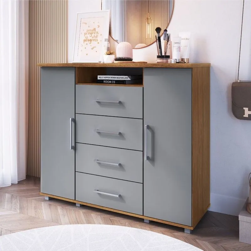 Cômoda Com Sapateira 4 Gavetas 2 Portas Gold Cinza/freijo Freijo/ Cinza
