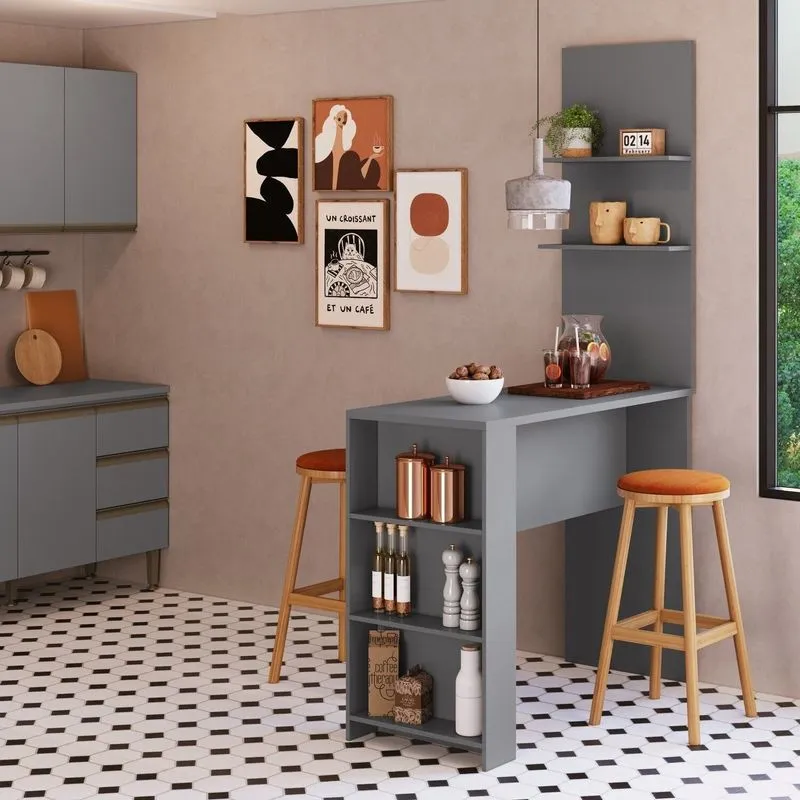 Bancada Para Cozinha Com 3 Prateleiras Luna Cinza Cinza
