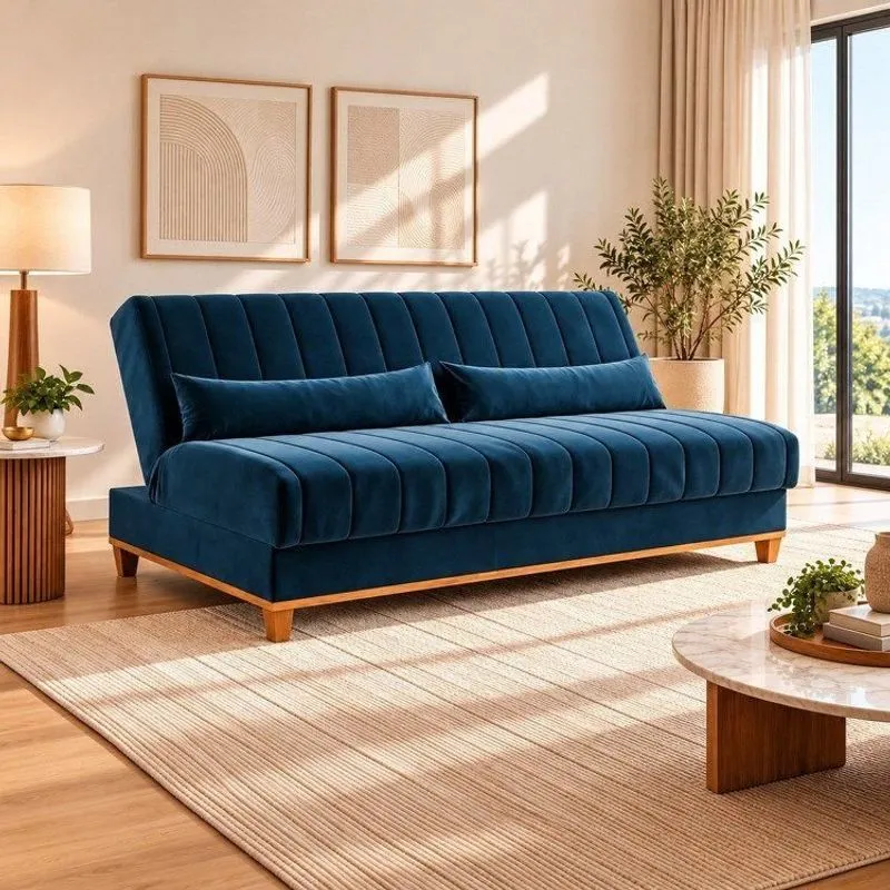 Sofá Cama 3 Lugares 1,80m Veludo Colors Azul Azul