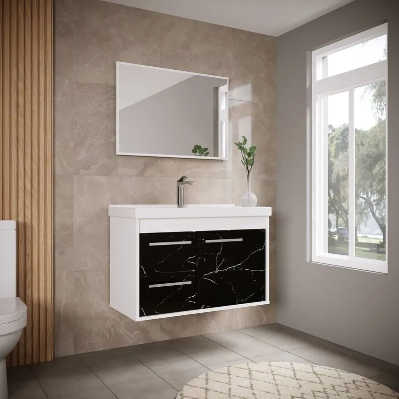 Conjunto Gabinete De Banheiro Em Mdf Com Espelheira Potenza Branco/preto Preto