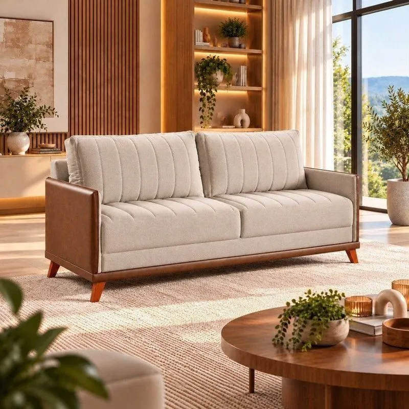 Sofá Living 3 Lugares 200cm Linho Seletto Bege Bronze Bronze