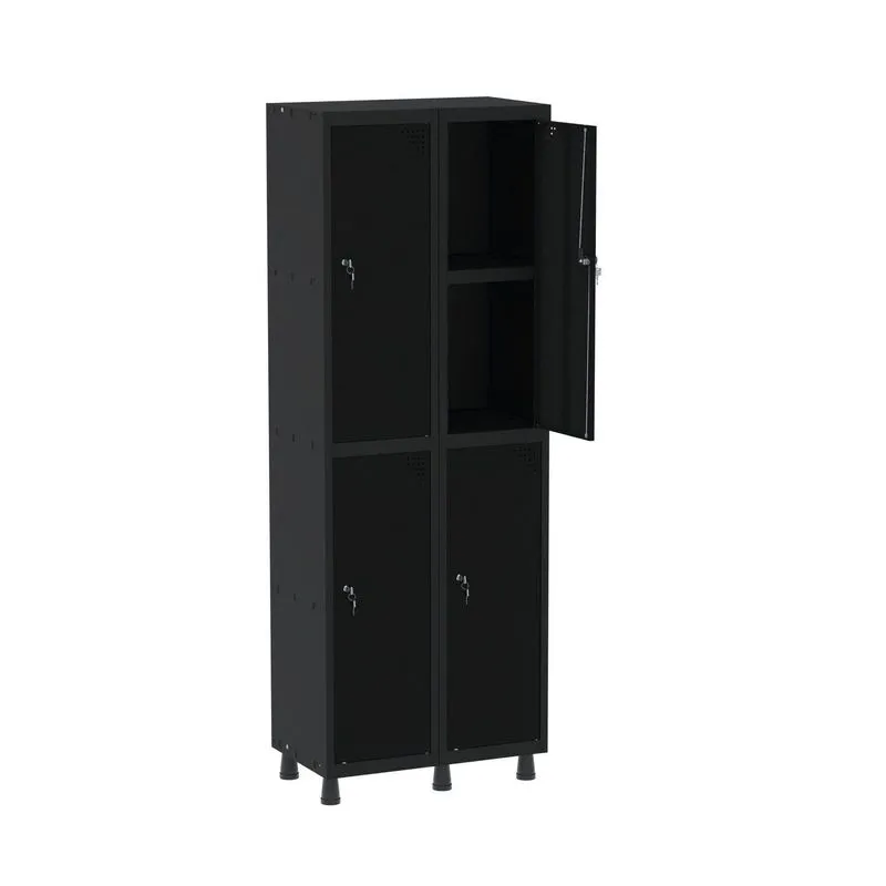 Armário Locker 2 Colunas, 4 Portas Com Prateleira Central Com Duas Chaves Preto Preto