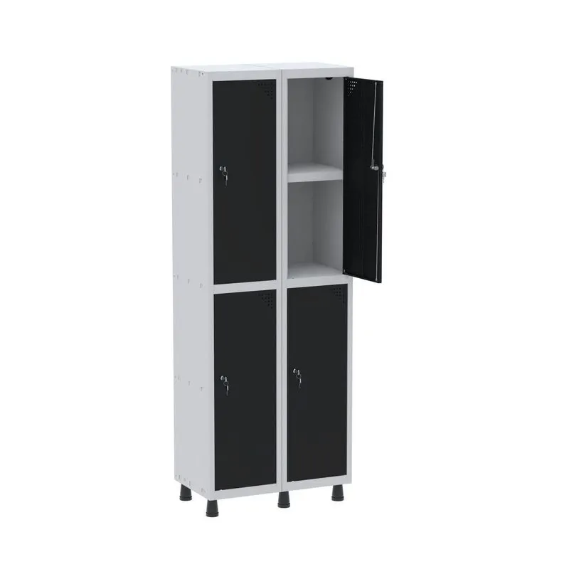 Armário Locker 2 Colunas, 4 Portas Com Prateleira Central Com Duas Chaves Cinza E Preto Cinza/preto