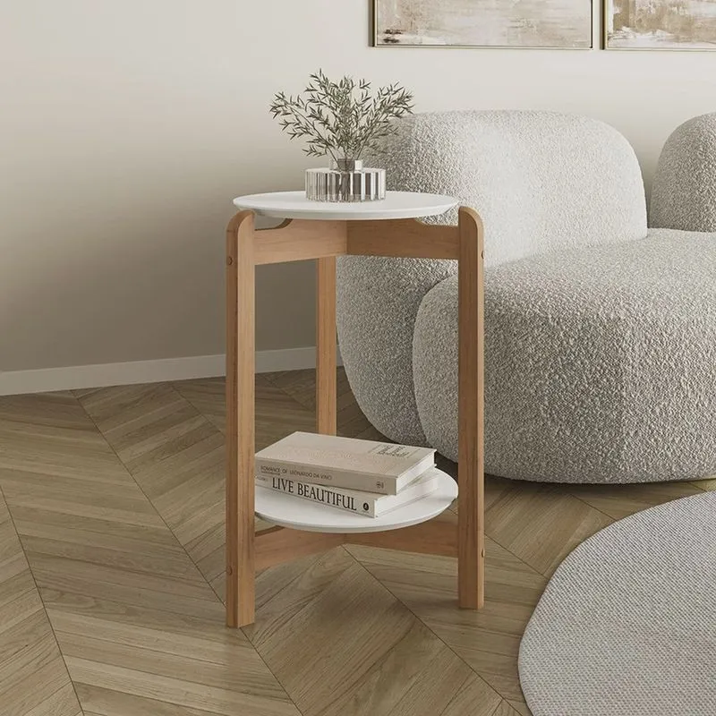 Mesa Lateral mdf com pés de Madeira Maciça Lizz Branco/Cedro