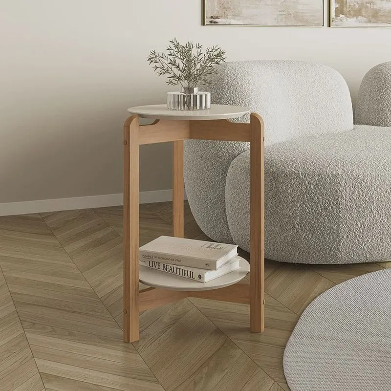 Mesa Lateral mdf com pés de Madeira Maciça Lizz Off White/Cedro