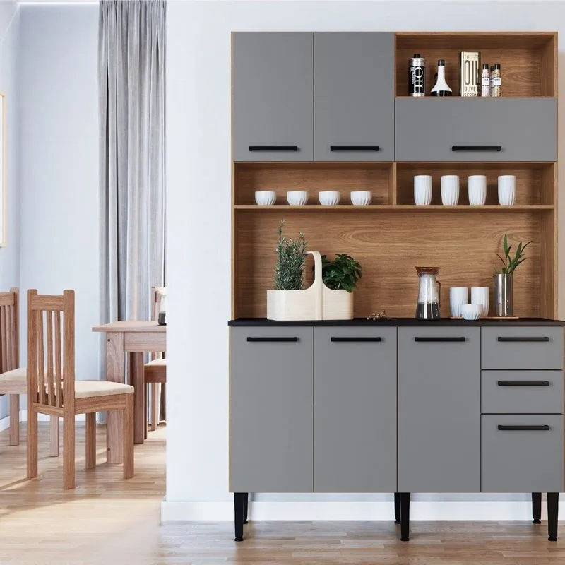Armário Para Cozinha 7 Portas 2 Gavetas Cinza/freijo Freijo /cinza
