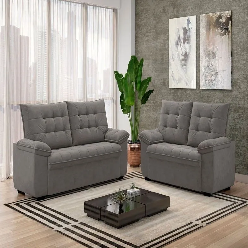Conjunto De Sofás Estofados 3 E 2 Lugares Bertioga Cinza Cinza