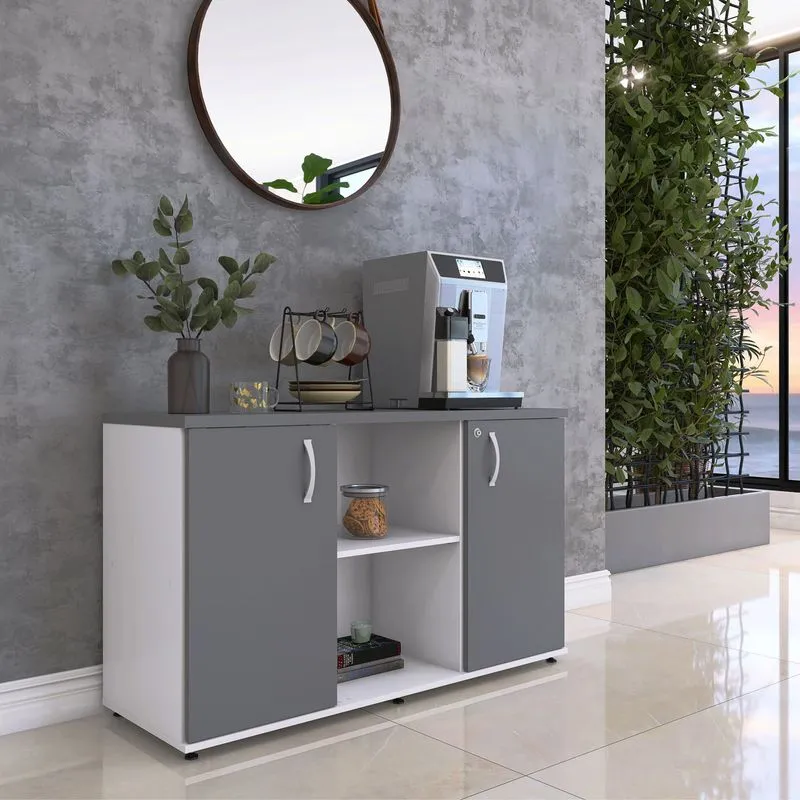 Armário Para Escritório 2 Portas Pivotantes Credenza Cinza/branco/grafite Branco/grafite