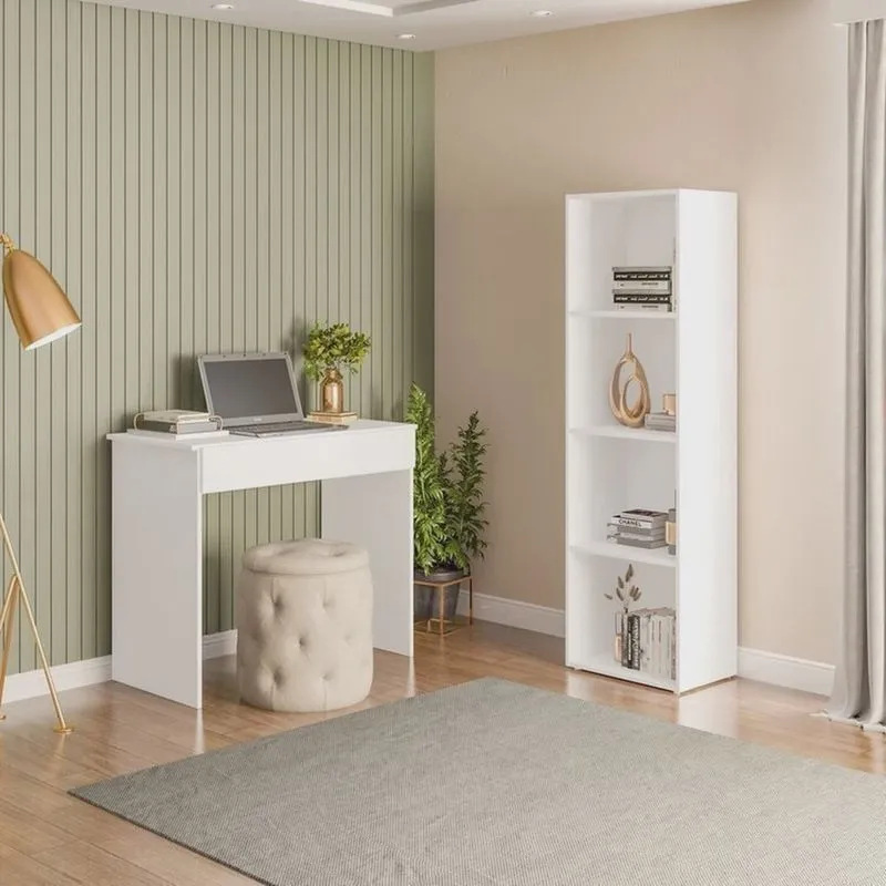 Conjunto com 1 Mesa Escrivaninha 1 Gaveta Sevilha e 1 Estante Livreiro Modular 4 Nichos Calum