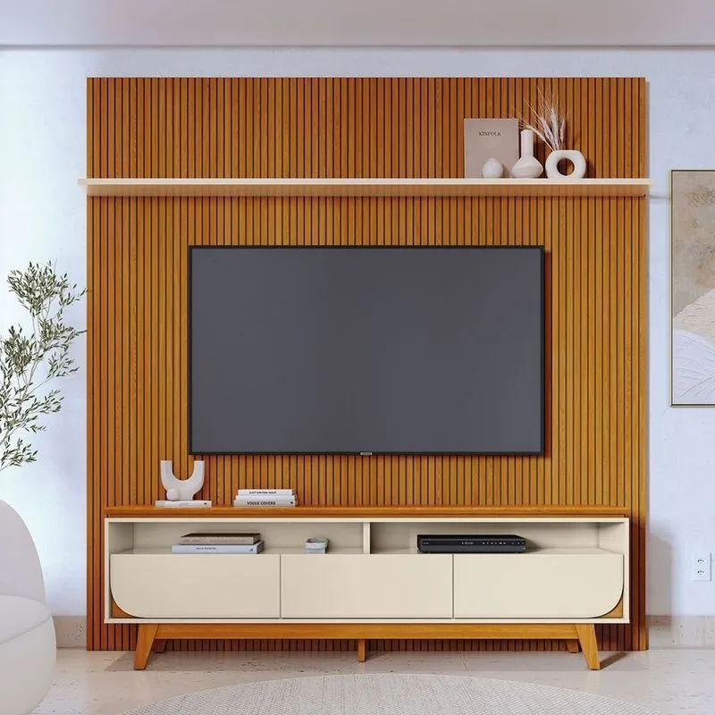 Rack Com Painel Para Tv Até 75 Polegadas Mdf 238cmx307cm Frisado Luna Marrom Cinamomo/off White