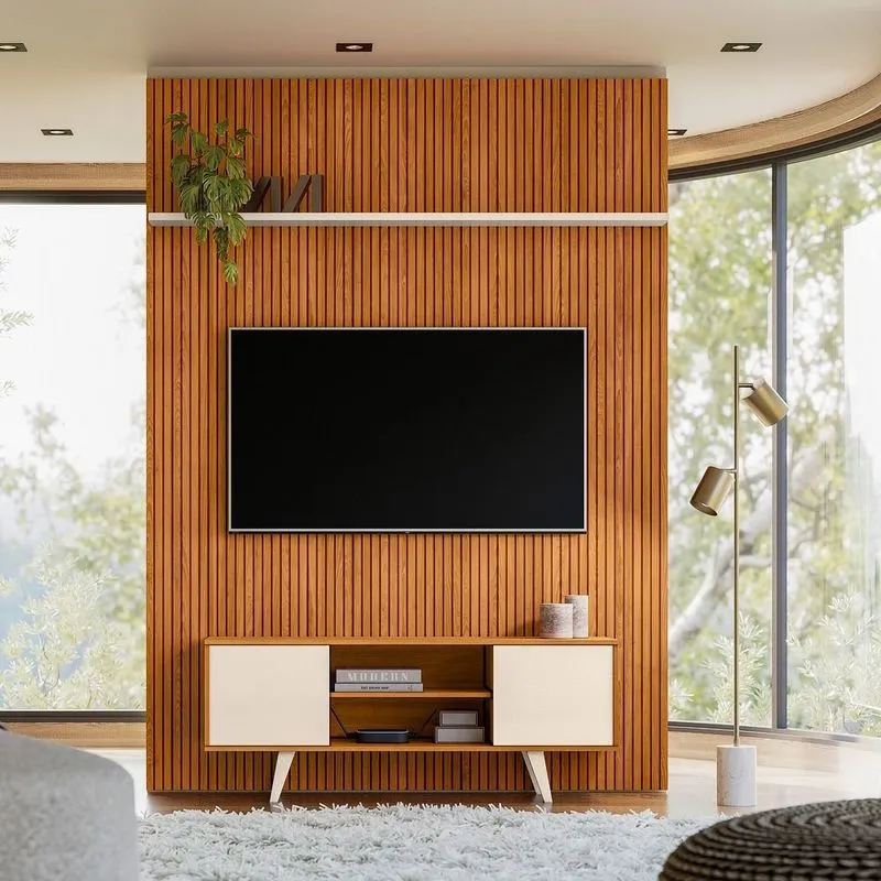 Rack Com Painel Para Tv Até 65 Polegadas Mdf 179cm X 244,5cm New Panorama Marrom Cinamomo/off White Cinamomo/off White