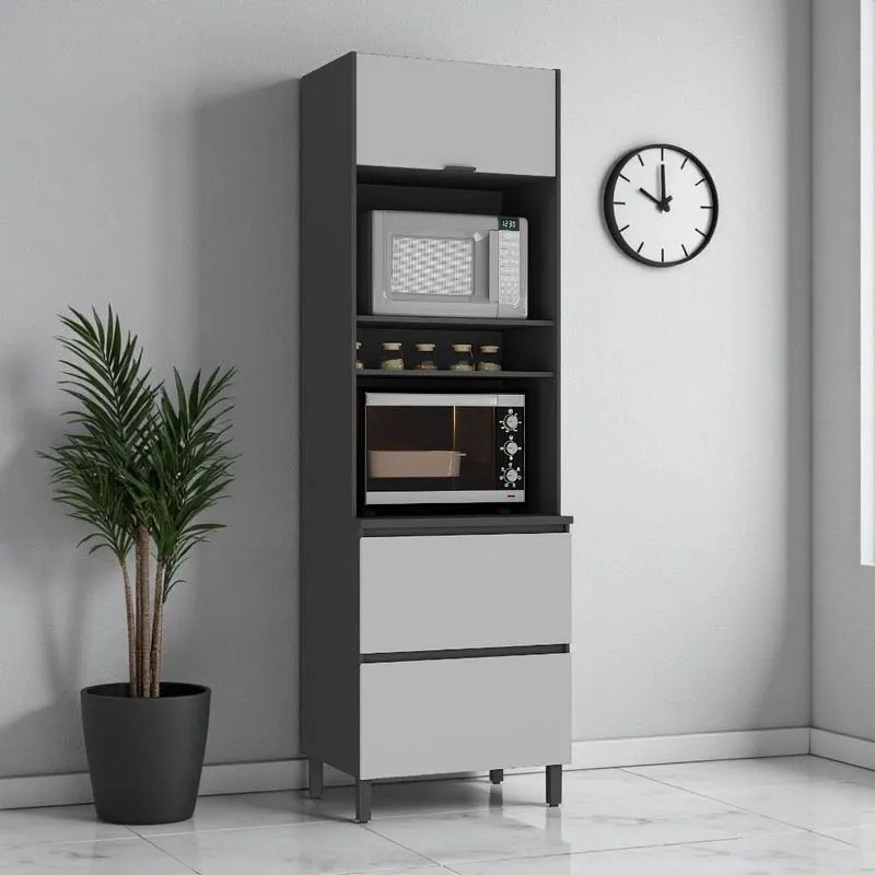 Paneleiro 2 Portas 1 Gaveta 70cm Espaço Para 2 Fornos 100% Mdf Dobradiça Slow Motion Lúmina Itatiaia Grafite/fendi