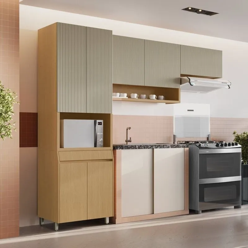 Cozinha Completa Simone Mendes 3 Peças 7 Portas 1 Gavetas Marrom/carvalho/greige Carvalho/greige