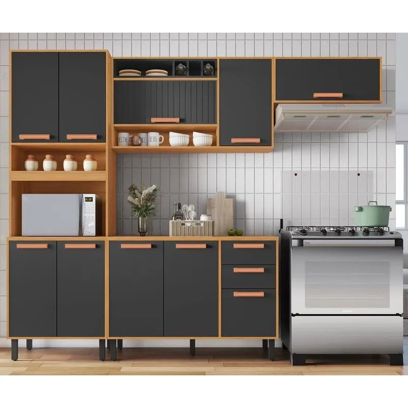 Cozinha Modulada 4 Peças 10 Portas 2 Gavetas E Nicho Para Forno Napoles Cinza/cinamomo/grafite Intenso Cinamomo/grafite Intenso