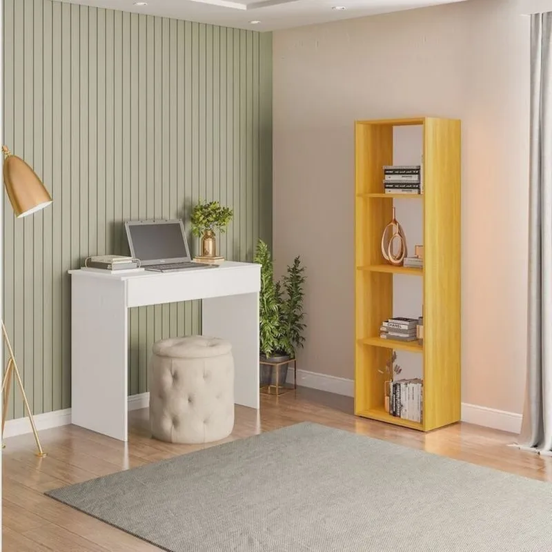 Conjunto com 1 Mesa Escrivaninha 1 Gaveta Sevilha e 1 Estante Livreiro Modular 4 Nichos Calum