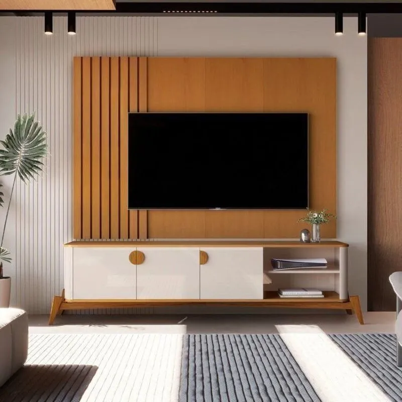 Rack Com Painel Para Tv Até 70 Polegadas Ripado Pés Em Madeira Maciça 100% Mdf 136cmx195cm Boto Espr Nature/off White