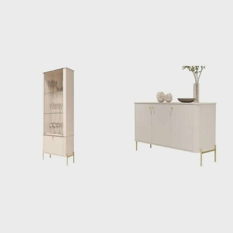 Cristaleira e Buffet Tucupí com Puxador e Pés em Metal OffWhite/Dourado