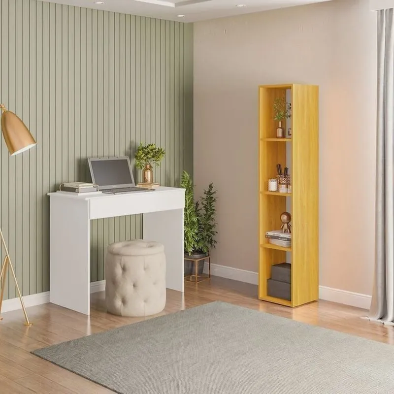 Conjunto 1 Mesa Escrivaninha 1 Gaveta Sevilha e 1 Estante Livreiro Modular 4 Nichos Delta