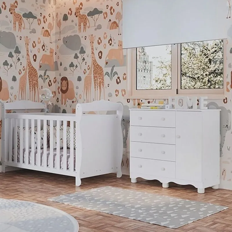 Quarto de Bebê com Berço Americano e Cômoda 1 Porta Nina Espresso Móveis Branco Brilho